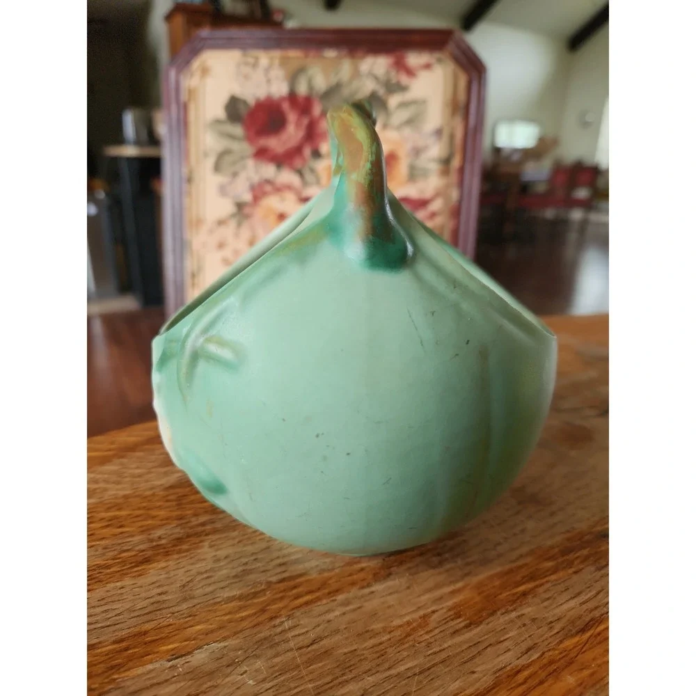 Vintage Weller Art Pottery Wild Rose Matte Green / Blue Basket Vase